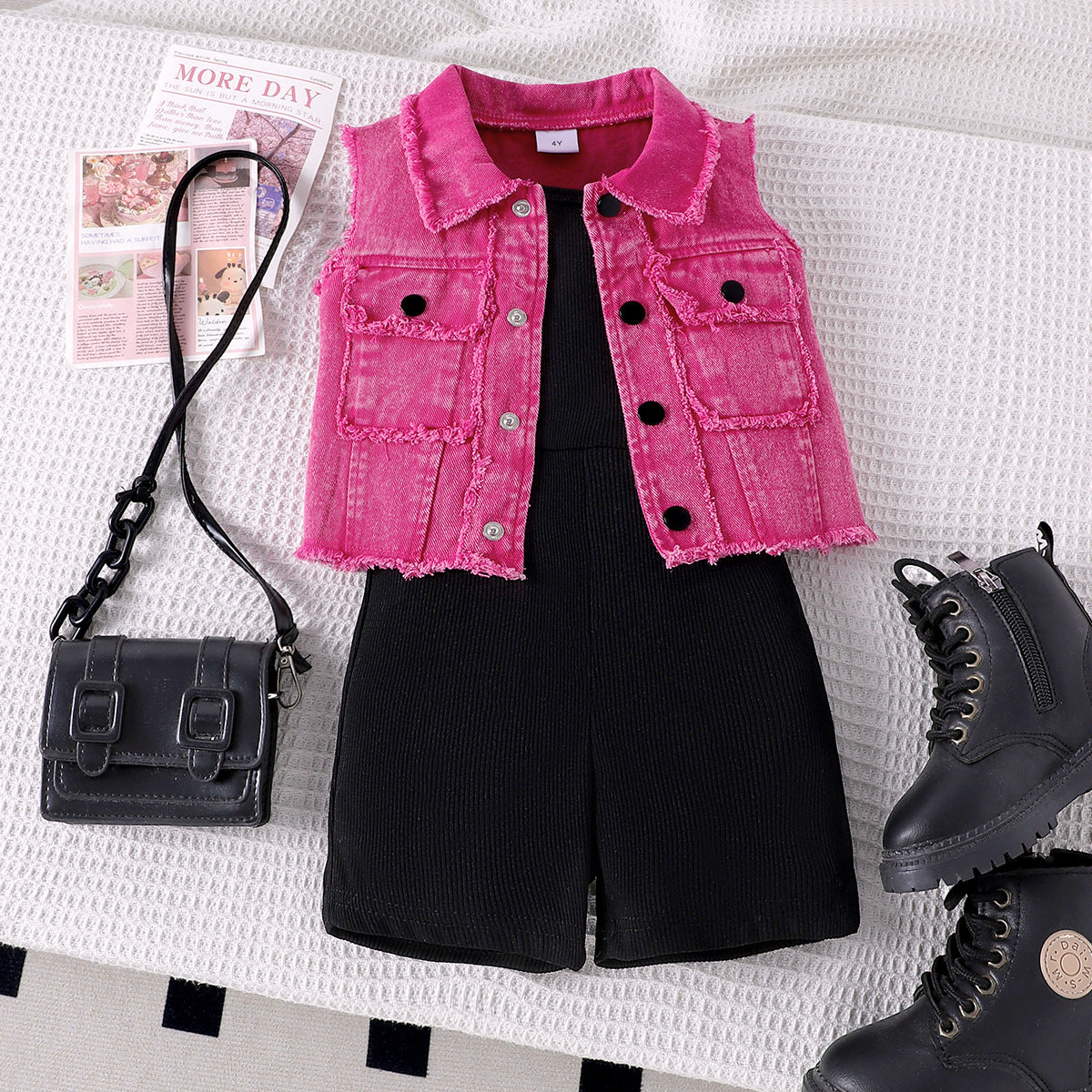 Foreign trade cross-border European and American new summer girls suits for small and medium-sized children single-breasted denim vest solid color jumpsuit