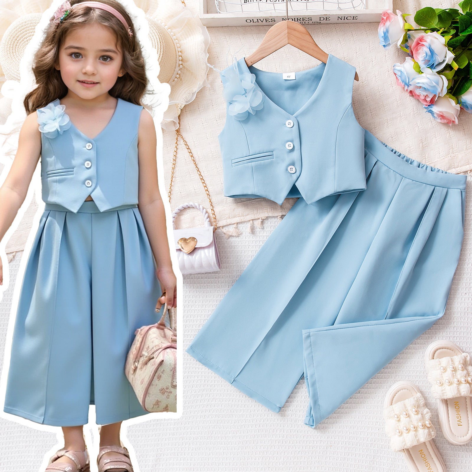 Cross-border European and American summer new multi-color girls suits, sleeveless vest tops for small and medium-sized children, trousers and suits