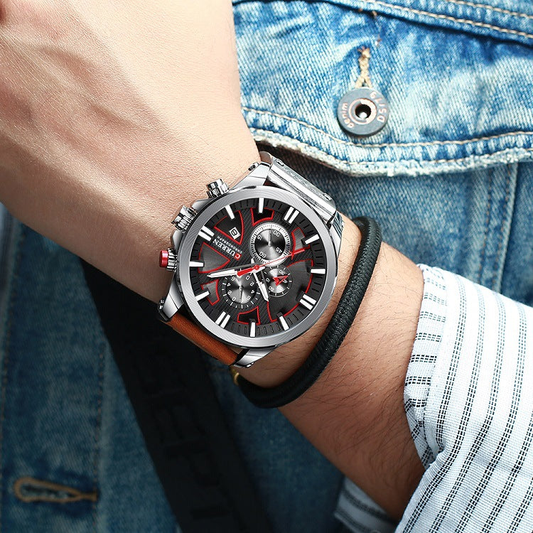 Men's Silver Black Multi-Hand Quartz Watch - Leather Strap