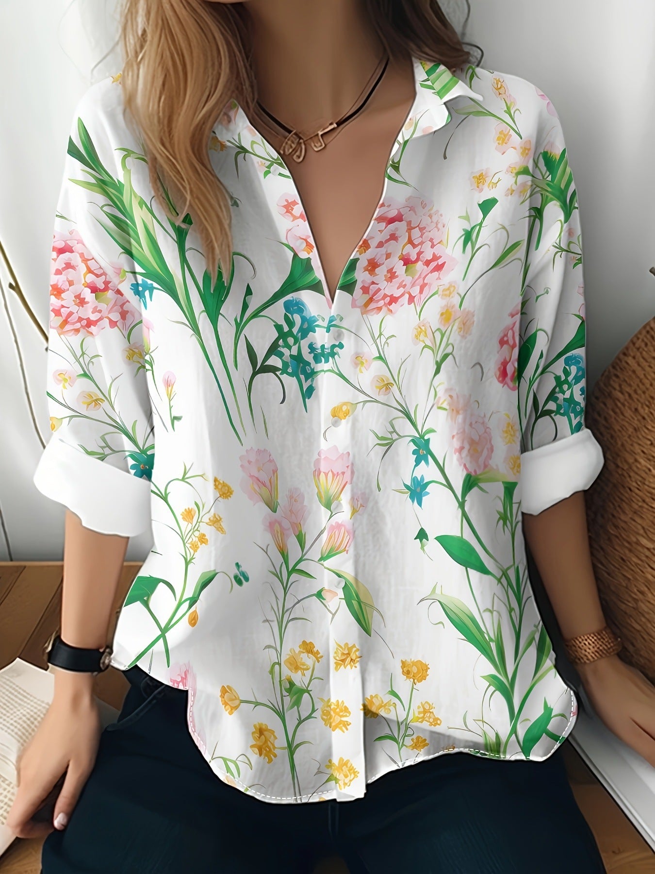 Cat cross-border Amazon European and American women's 3D printed floral pattern long-sleeved shirt women's fashion tops