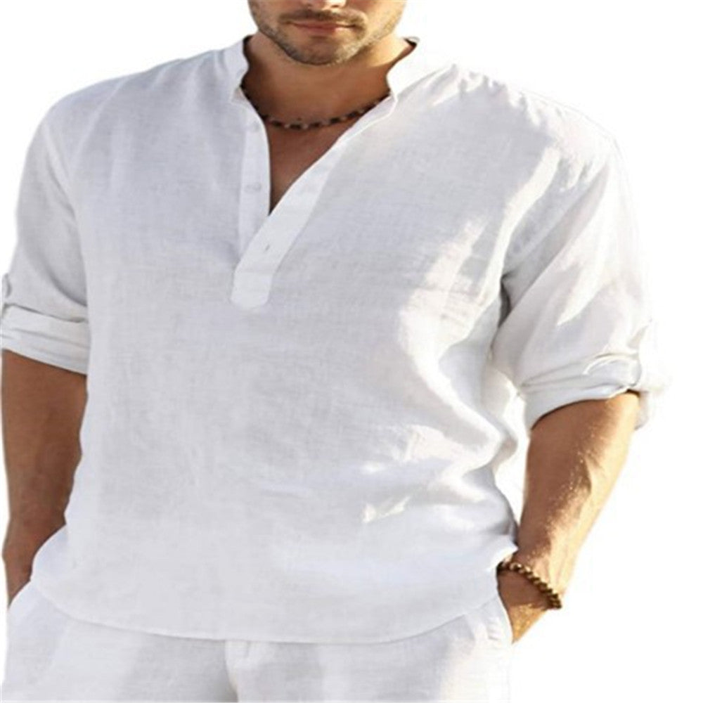 Men's Cotton Linen Long Sleeve Stand Collar Shirt | Aladinae