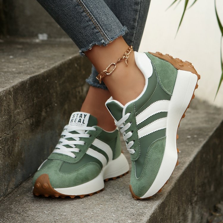 Women's Beige Flat Sneakers - Low-Top, Lace-Up