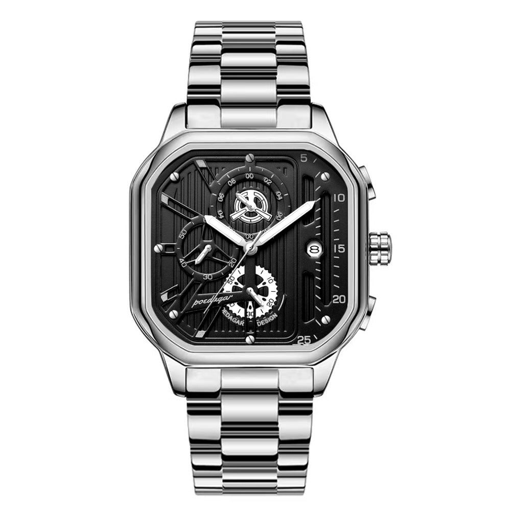 Men's Black Square Dial Quartz Watch - Leather, Waterproof
