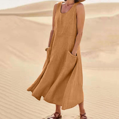 Amazon independent station wish2023 summer European and American foreign trade pocket sleeveless round neck women's cotton and linen dress