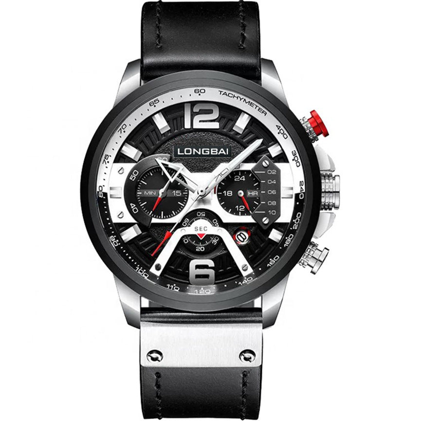 Men's Silver Black Multi-Hand Quartz Watch - Waterproof