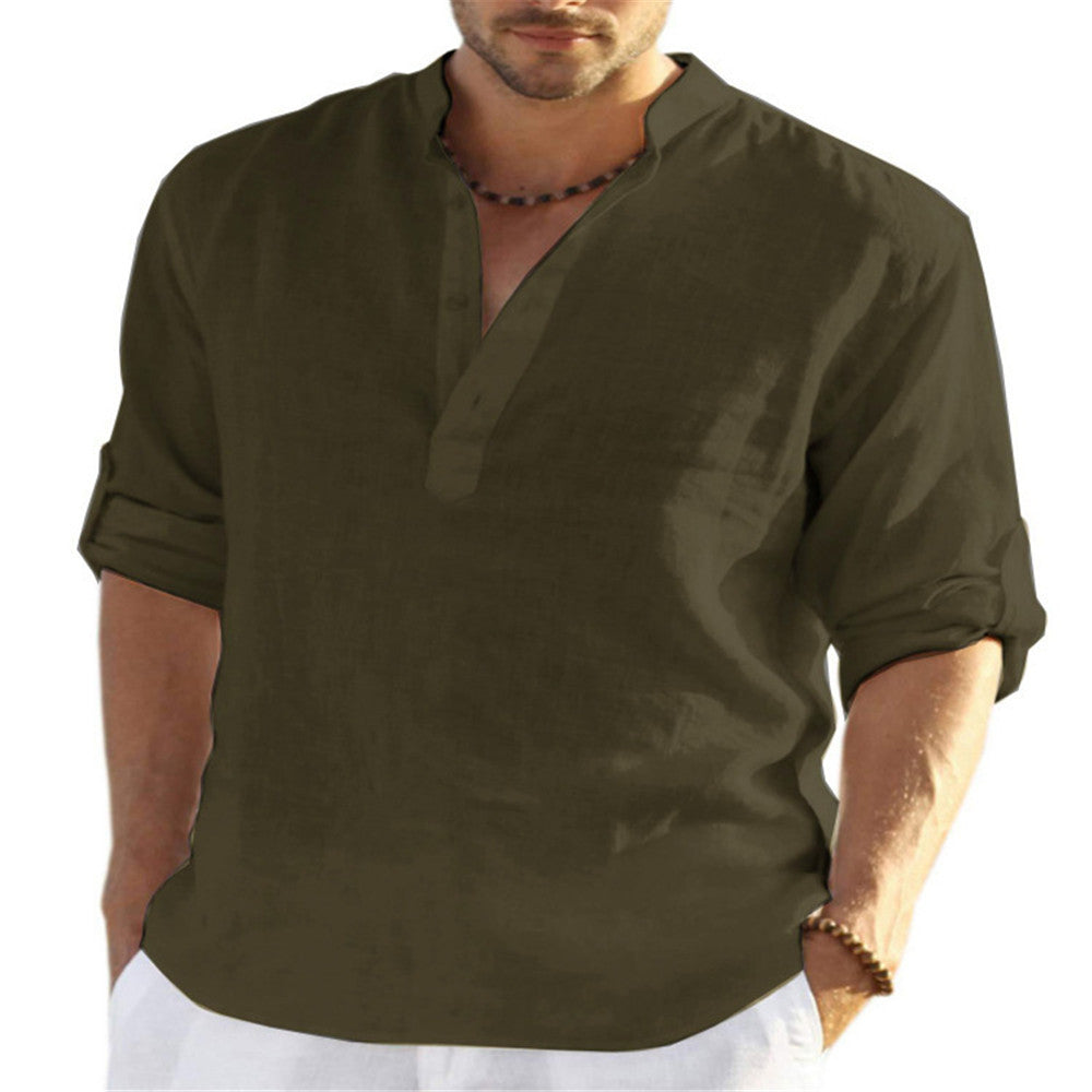 Men's Cotton Linen Long Sleeve Stand Collar Shirt | Aladinae