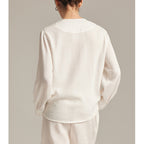 French-style elegant heavy embroidered linen V-neck white shirt for women, new early autumn 2025 style, sophisticated commuter top.