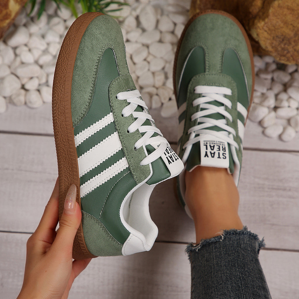 Women's Beige Flat Sneakers - Low-Top, Lace-Up
