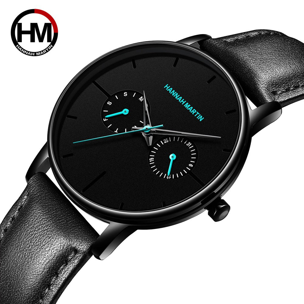 Men's multifunctional waterproof quartz watch top layer cowhide watch student trend niche brand ins business watch