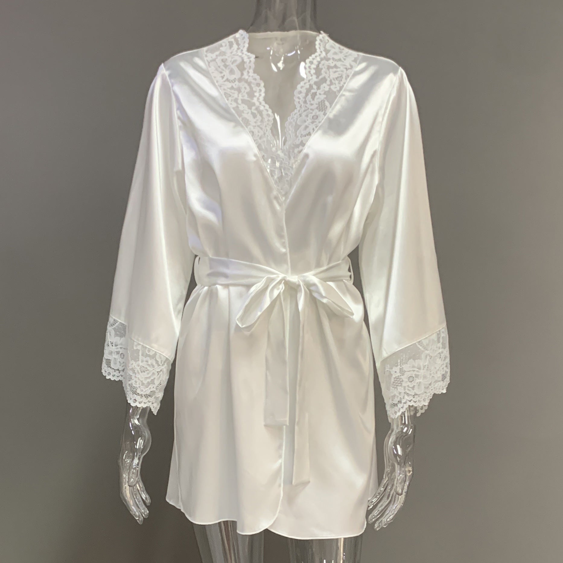 Satin lace-trimmed long-sleeved loose-fitting pajamas/robe with drawstring, 2026 European and American spring/summer new style women's loungewear.