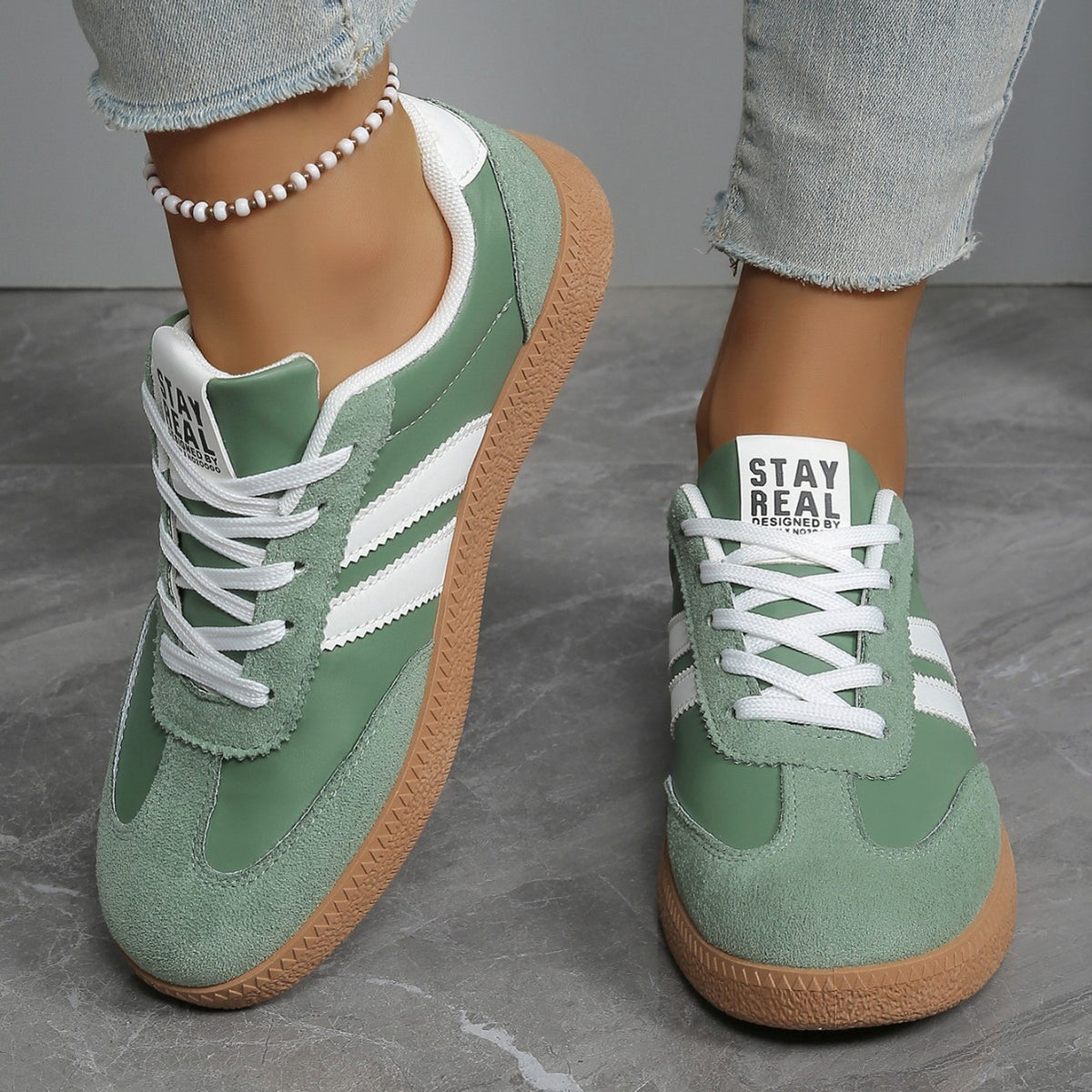 Women's Beige Flat Sneakers - Low-Top, Lace-Up
