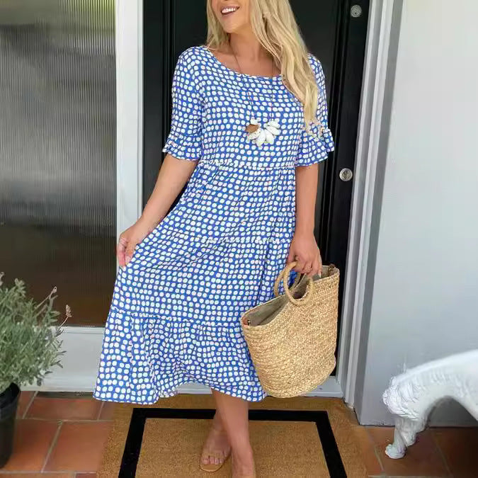 New European and American style women's clothing, best-selling summer round neck printed short-sleeved dress on Amazon independent website.
