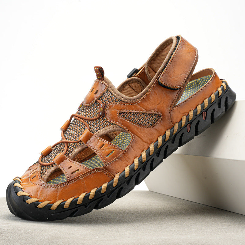Cross-border foreign trade men's handmade Velcro beach sandals men's summer leisure outdoor real cowhide mesh breathable shoes