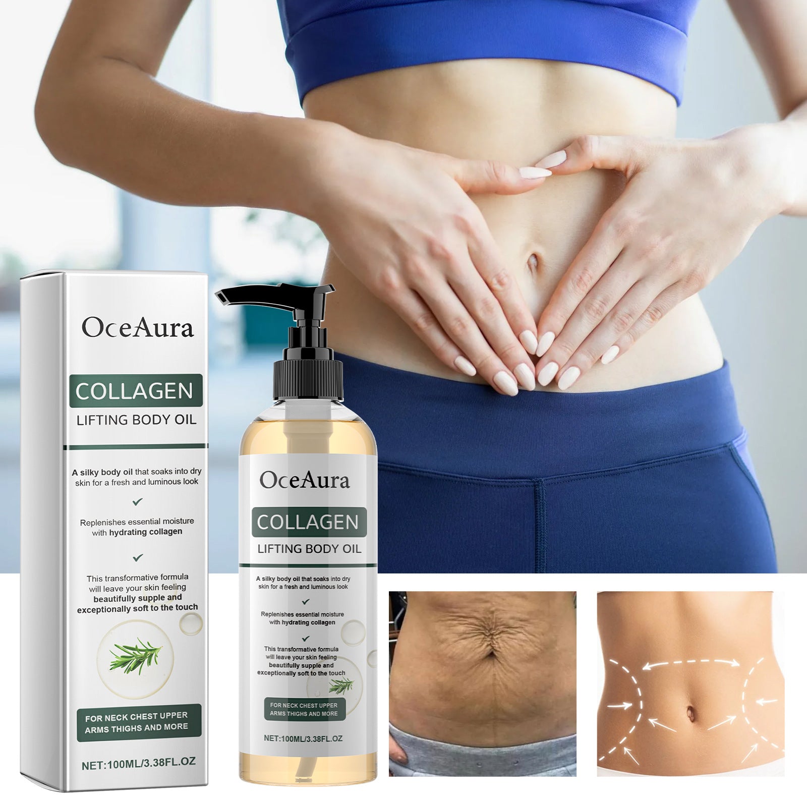 OCEAURA Body Care Oil: Hydrating and moisturizing for arms, providing a comfortable feel, and perfect for full-body massage and care.