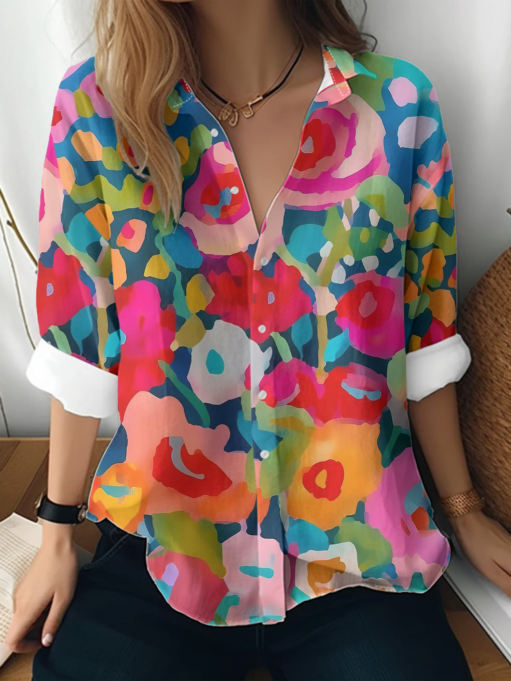 Cat cross-border Amazon European and American women's 3D printed floral pattern long-sleeved shirt women's fashion tops