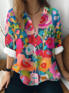 Cat cross-border Amazon European and American women's 3D printed floral pattern long-sleeved shirt women's fashion tops