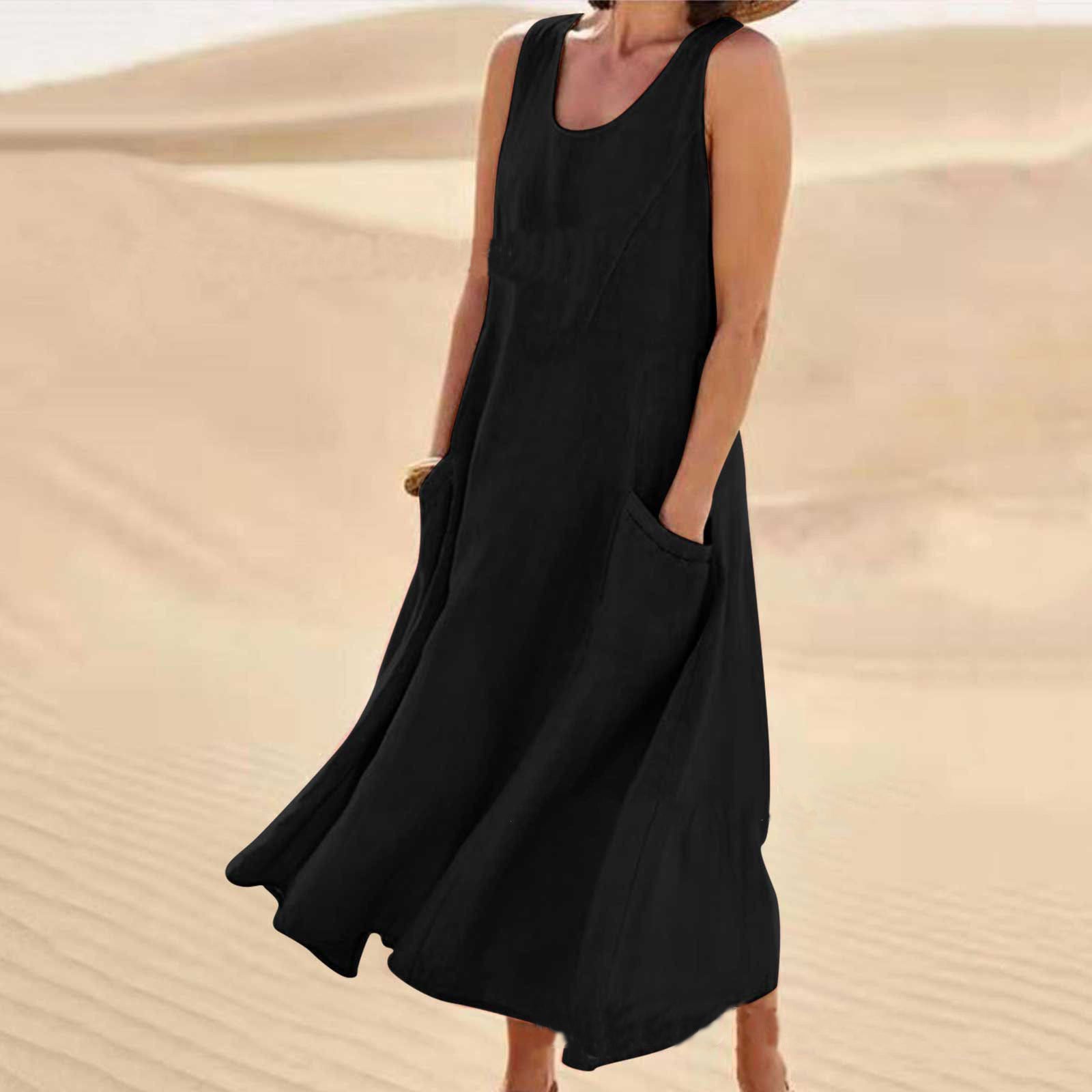 Amazon independent station wish2023 summer European and American foreign trade pocket sleeveless round neck women's cotton and linen dress