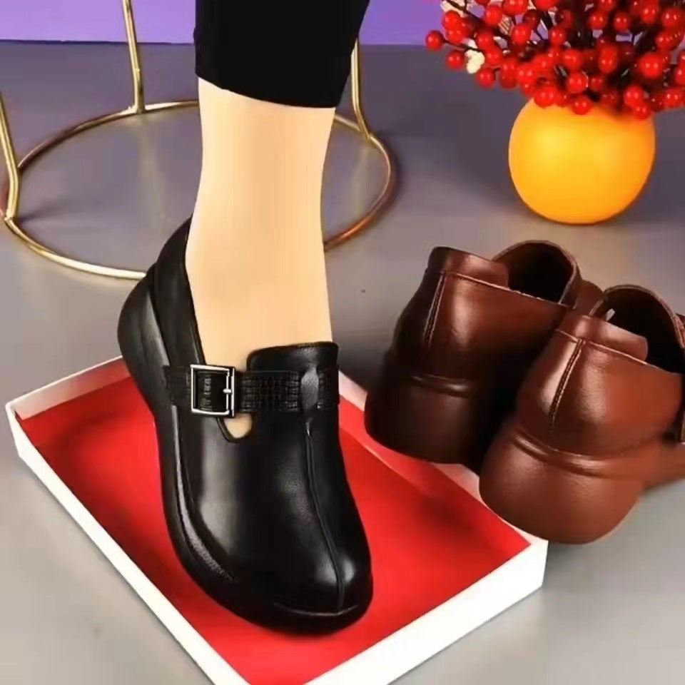 Platform shoes for women thick sole soft leather handmade buckle single shoes retro round toe comfortable soft sole 2022 spring women's shoes