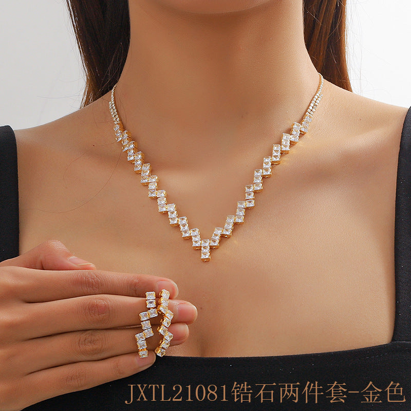 Cross-border supply European and American luxury exquisite bride wedding jewelry crystal zircon collarbone necklace earrings two-piece set