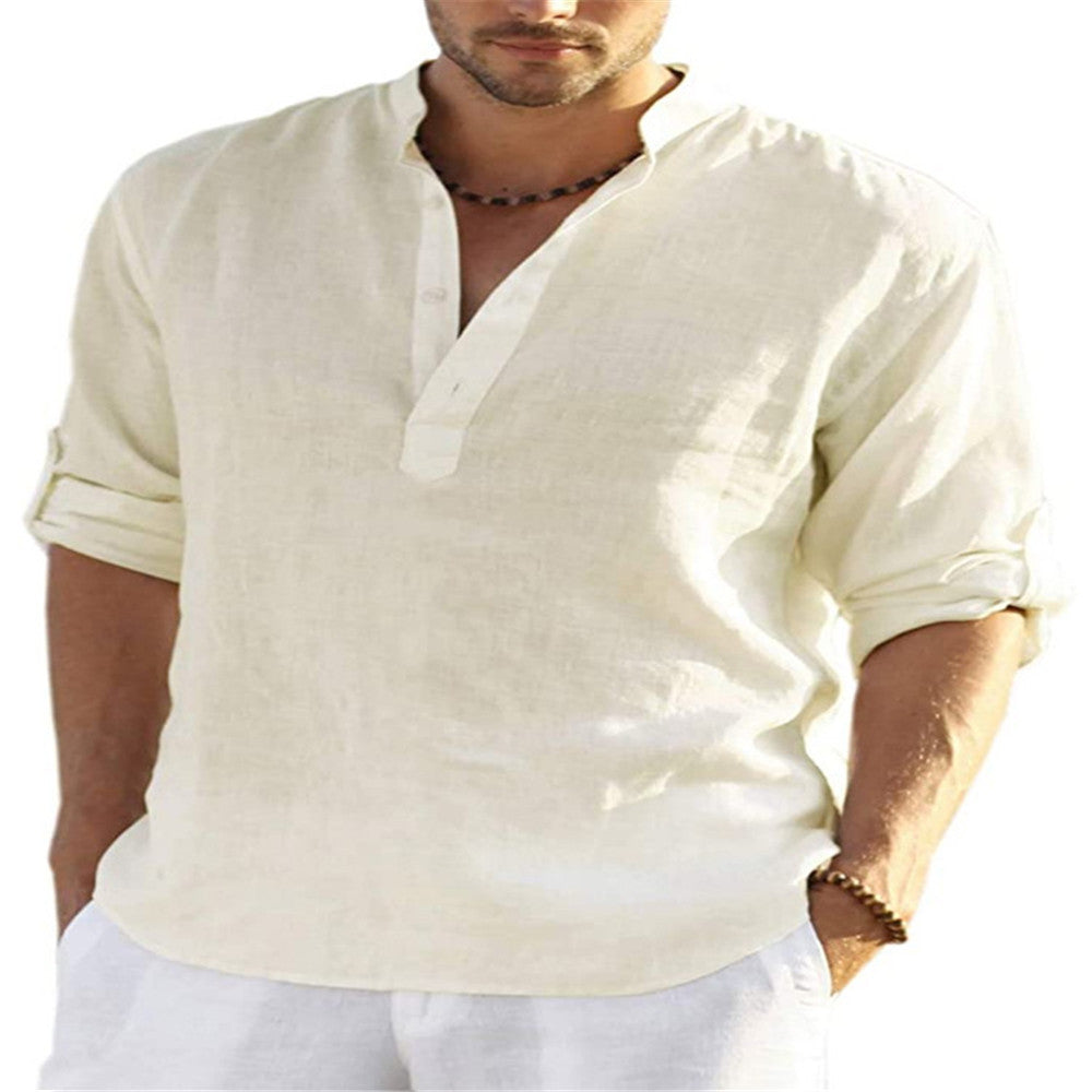 Men's Cotton Linen Long Sleeve Stand Collar Shirt | Aladinae