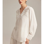 French-style elegant heavy embroidered linen V-neck white shirt for women, new early autumn 2025 style, sophisticated commuter top.