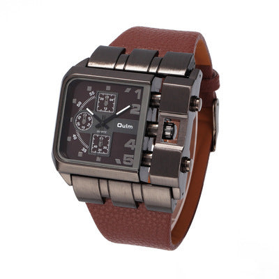 Men's Brown Square Dial Quartz Watch - World Time