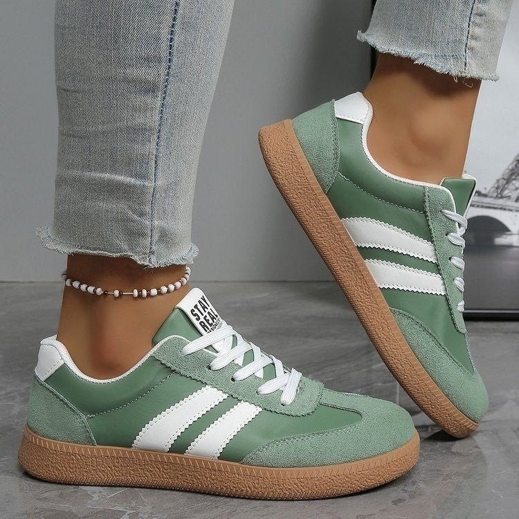 Women's Beige Flat Sneakers - Low-Top, Lace-Up