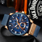 Men's Silver Black Multi-Hand Quartz Watch - Leather Strap