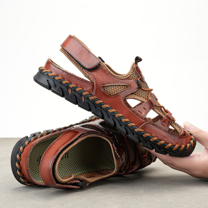 Cross-border foreign trade men's handmade Velcro beach sandals men's summer leisure outdoor real cowhide mesh breathable shoes