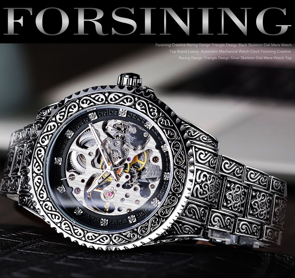Men's Black Silver Automatic Mechanical Watch - Steel Strap