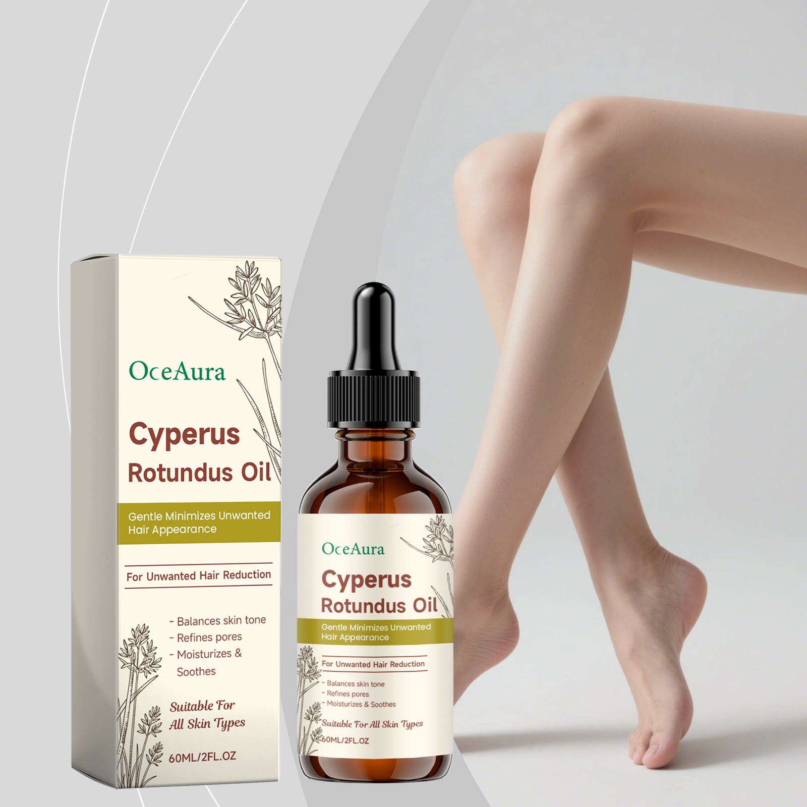 OCEAURA Cyperus rotundus hair removal essential oil: Gentle cleansing and moisturizing daily care oil for body skin.