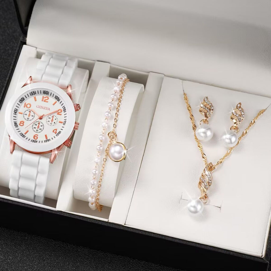 Women's White Heart-Design Quartz Watch - Silicone Strap