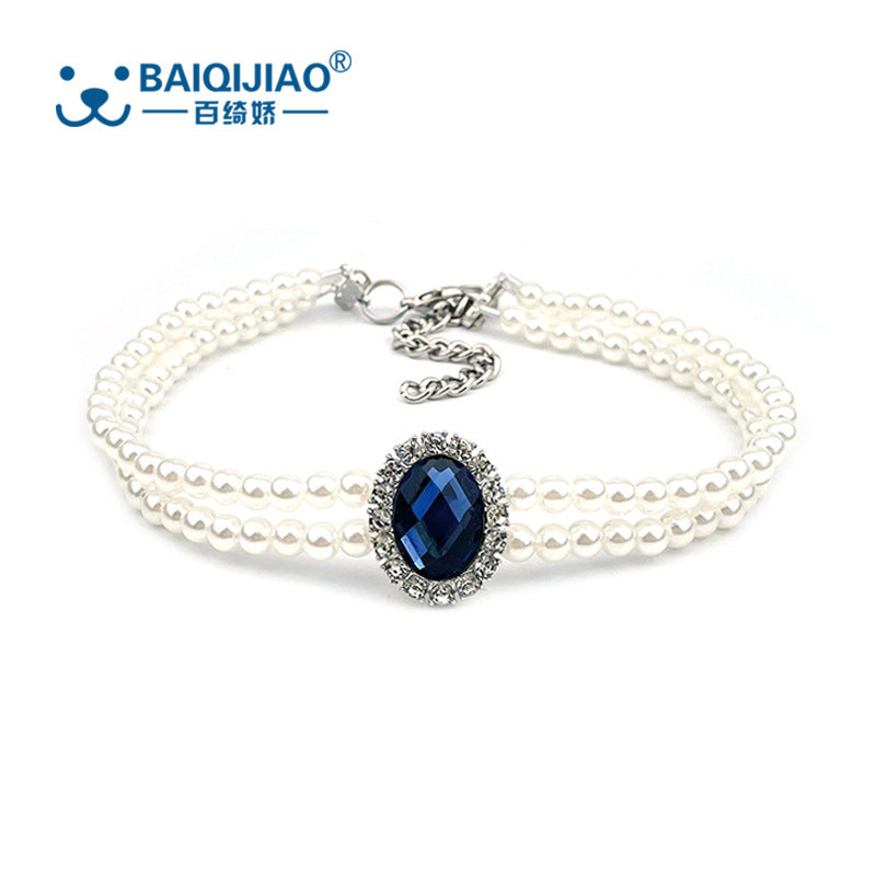 Amazon pet double row vertical pearl rhinestone collar for cats and dogs, adjustable necklace, cute accessories