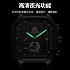 Men's Black Square Dial Quartz Watch - Leather, Waterproof