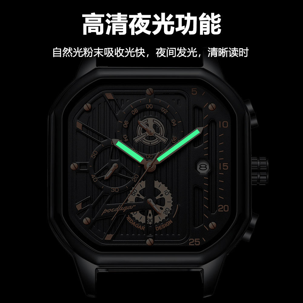 Men's Black Square Dial Quartz Watch - Leather, Waterproof