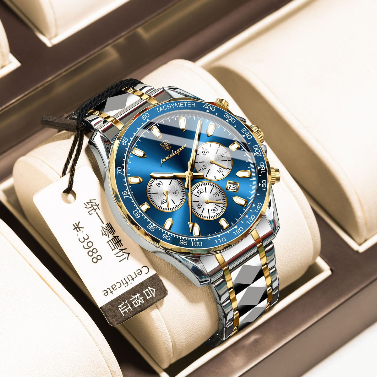 Men's Two-Tone Blue Quartz Watch - Waterproof, Steel Strap