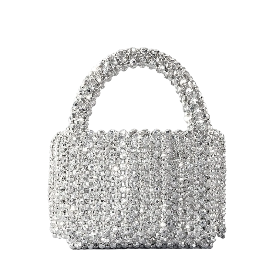 New acrylic tassel handbag women's diy handmade beaded woven bag bling silver beads evening bag