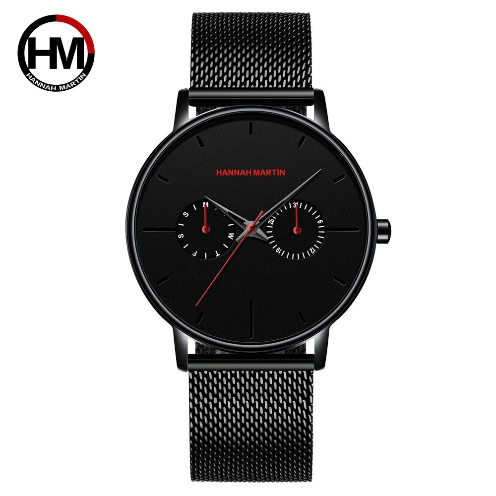 Men's multifunctional waterproof quartz watch top layer cowhide watch student trend niche brand ins business watch
