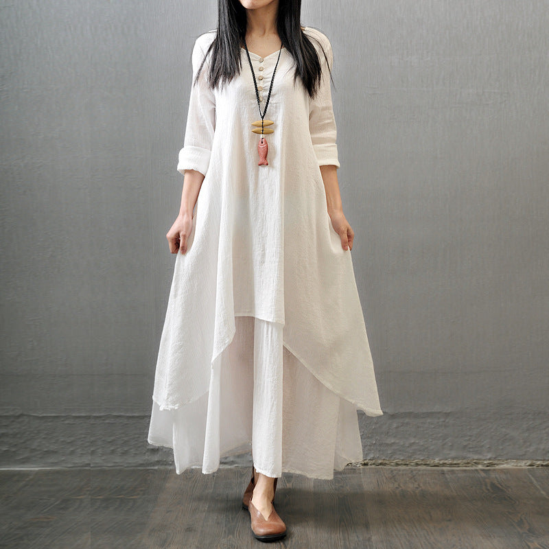 2023 New High-Quality Faux Two-Piece Long Dress, Artistic Style, Wide-Sleeve Linen Dress, Cotton Linen