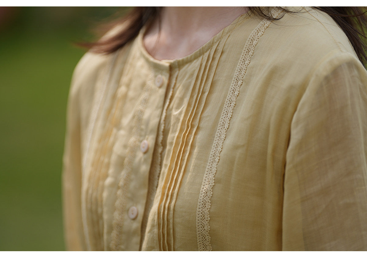 2024 Spring/Summer New Arrival: White Flowy Linen Lace-Trimmed Lantern Sleeve Tie-Waist Slimming Dress