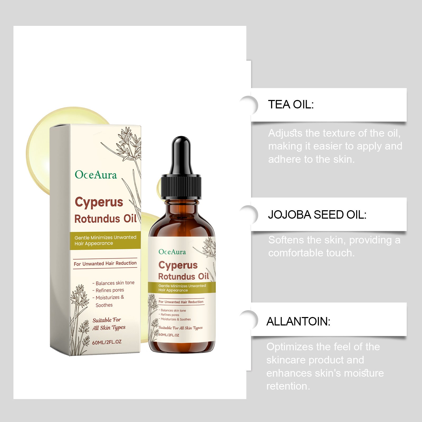 OCEAURA Cyperus rotundus hair removal essential oil: Gentle cleansing and moisturizing daily care oil for body skin.