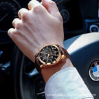 Men's Rose Gold Black Quartz Watch - Leather Strap, Calendar