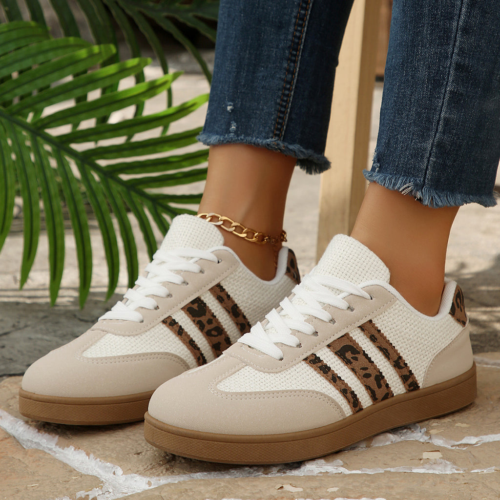 Women's Beige Flat Sneakers - Low-Top, Lace-Up