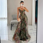 Cross-border 2025 European and American Spring/Summer New Mesh Printed Sundress, INS Vacation Casual Party Dress