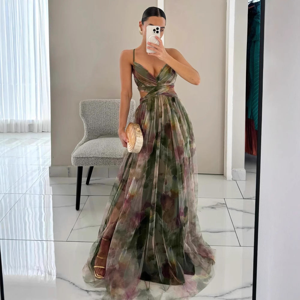 Cross-border 2025 European and American Spring/Summer New Mesh Printed Sundress, INS Vacation Casual Party Dress