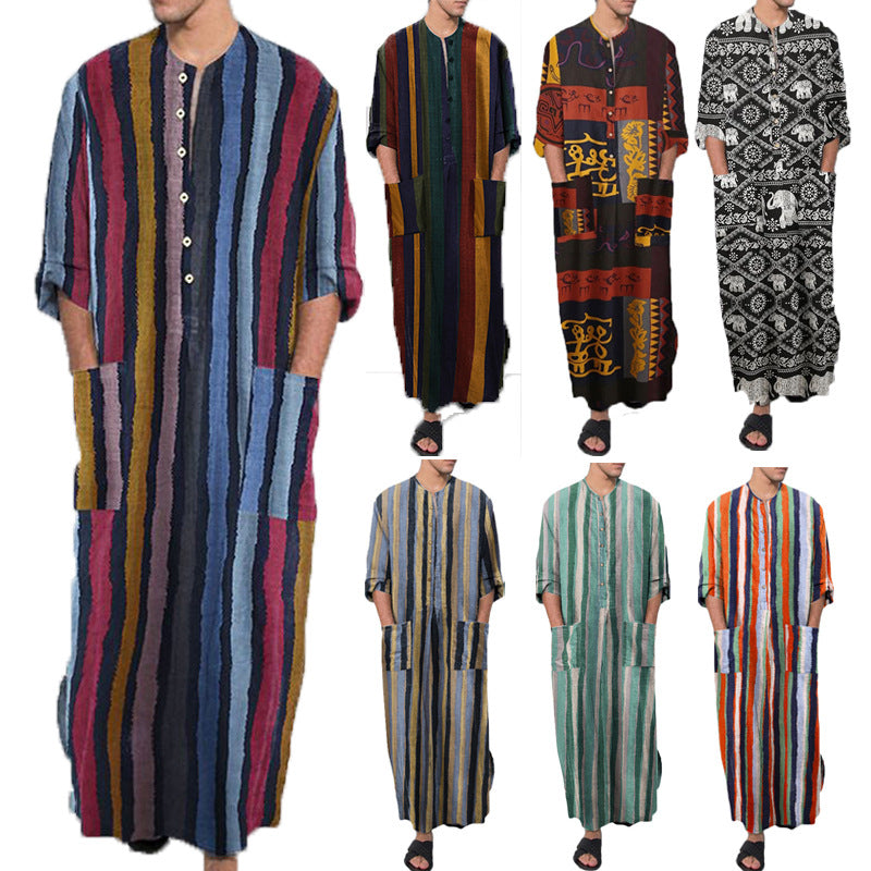 Men's Striped Printed Thobe – Long Sleeve | Aladinae