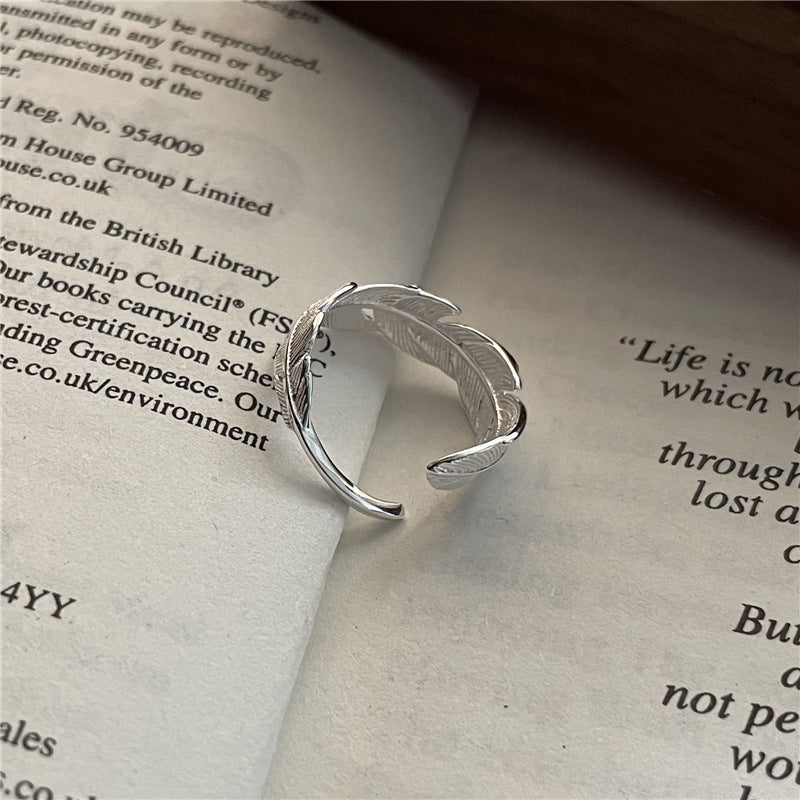 Wholesale s925 sterling silver ring female Japanese and Korean forest sweet and cute feather ring finger ring tail ring opening adjustable
