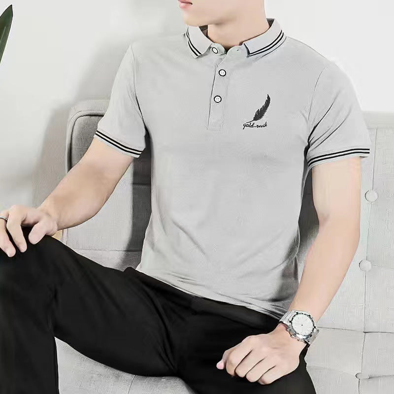 Men's Gray Polo Shirt - Stand-Up Collar, Short Sleeve