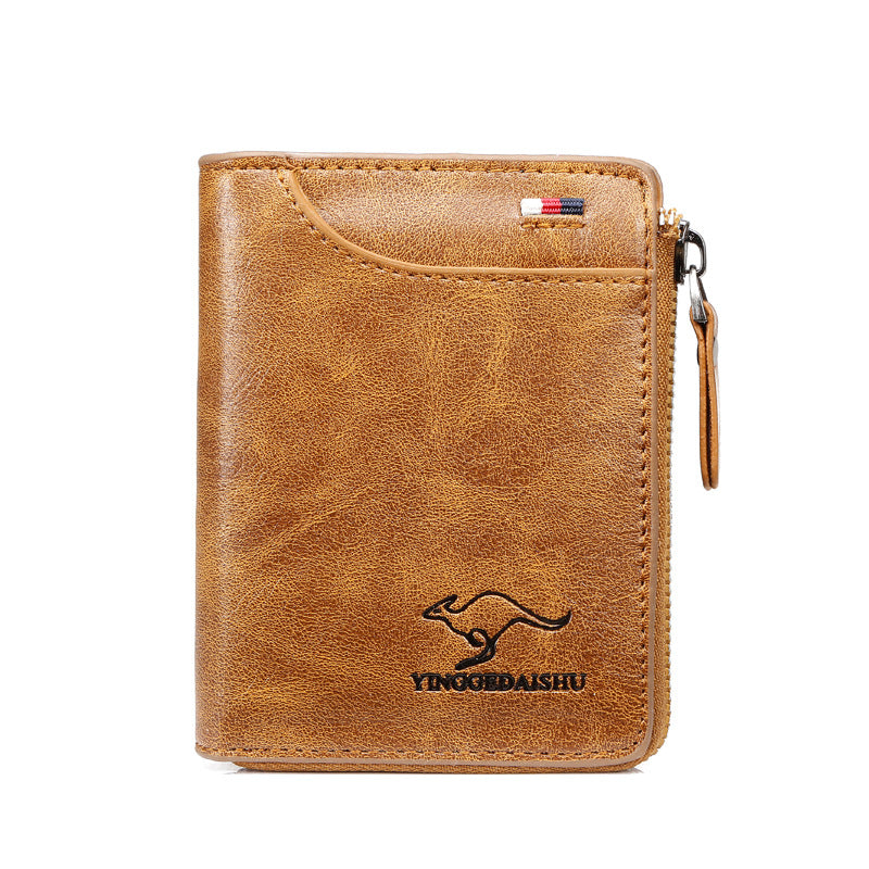 Men's Brown Zip Wallet - Card Holder, Hollow Design