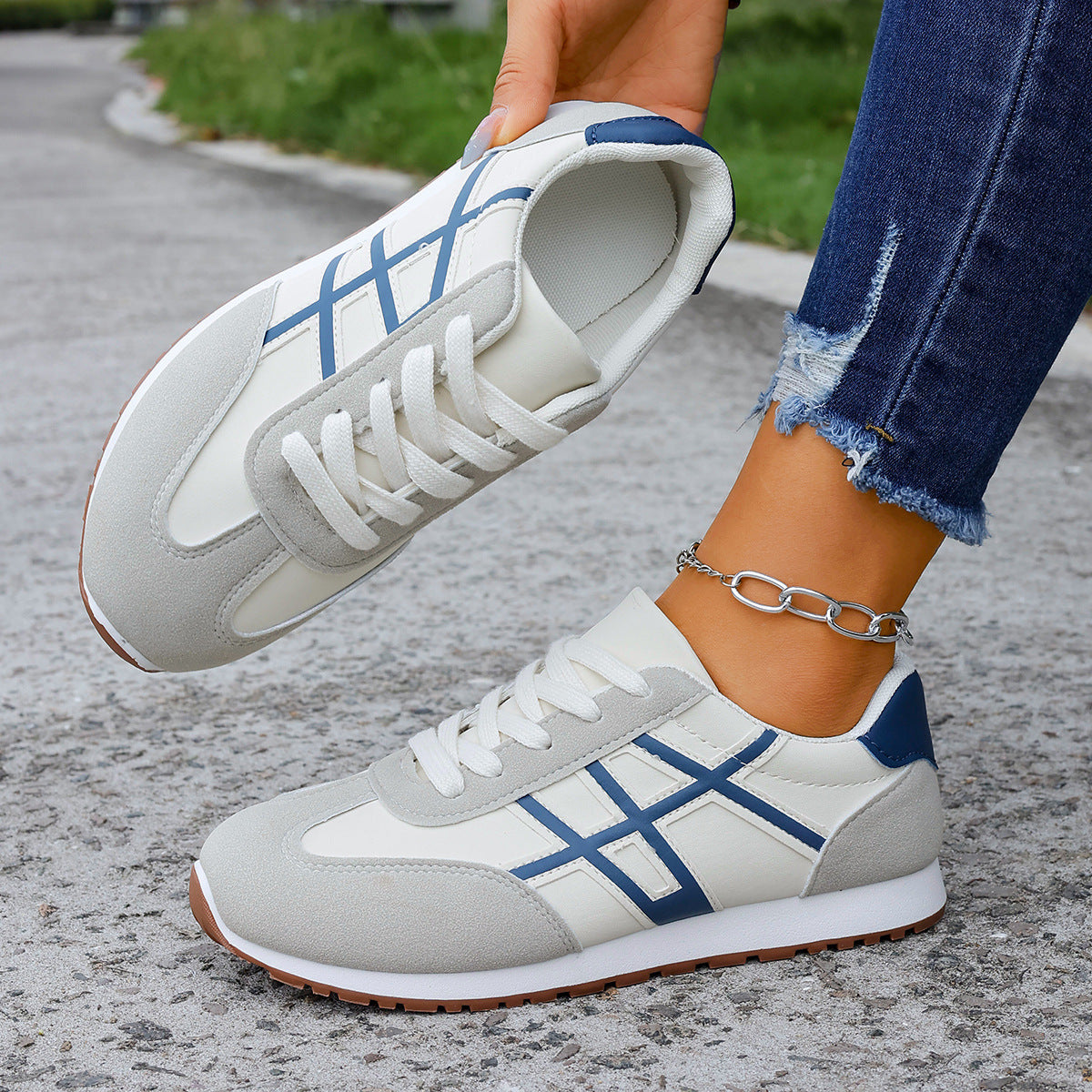 Women's Beige Flat Sneakers - Low-Top, Lace-Up